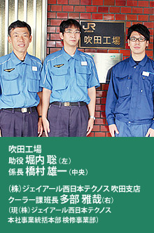 吹田工場 助役 堀内 聡(左)係長 橋村 雄一(中央)
(株)ジェイアール西日本テクノス 吹田支店 クーラー課 班長 多部 雅哉(右)(現(株)ジェイアール 西日本テクノス 本社事業統括本部 検修事業部)
