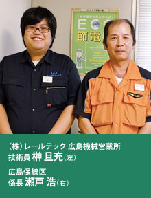 (株)レールテック 広島機械営業所 技術員 榊 旦充(左)広島保線区 係長 瀬戸 浩(右)