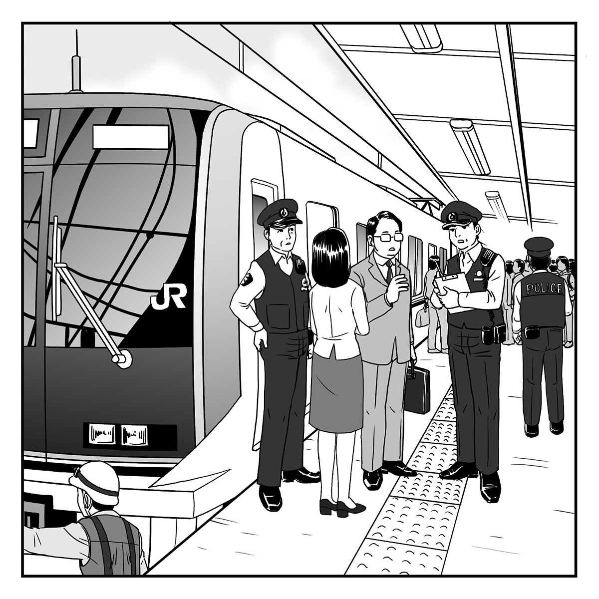 事故の発生現場での対応：警察による関係者（接触した列車の運転士、付近におられたお客様）への聞き取り