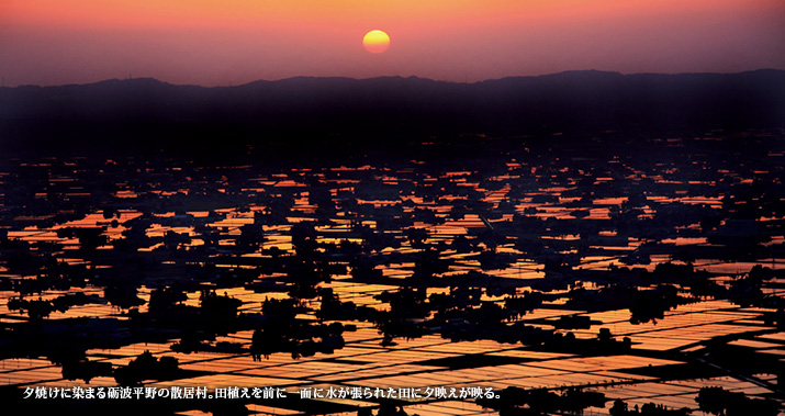 夕焼けに染まる砺波平野の散居村。田植えを前に一面に水が張られた田に夕映えが映る。