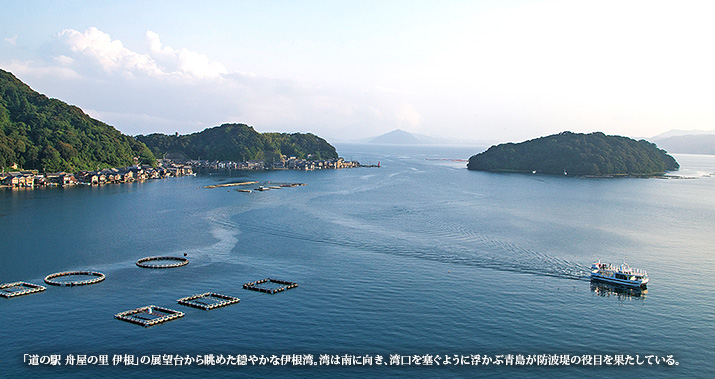 「道の駅 舟屋の里 伊根」の展望台から眺めた穏やかな伊根湾。湾は南に向き、湾口を塞ぐように浮かぶ青島が防波堤の役目を果たしている。
