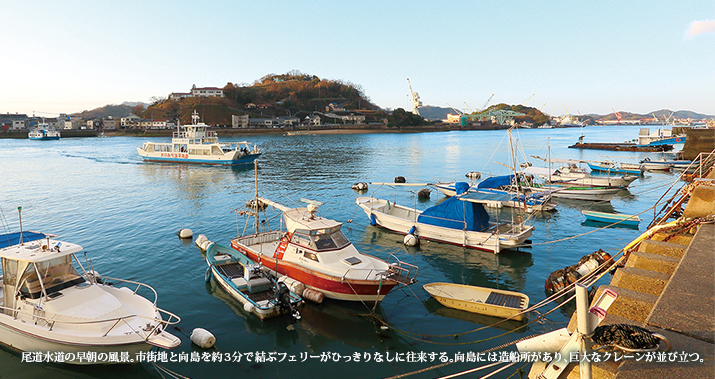尾道水道の早朝の風景。市街地と向島を約3分で結ぶフェリーがひっきりなしに往来する。向島には造船所があり、巨大なクレーンが並び立つ。
