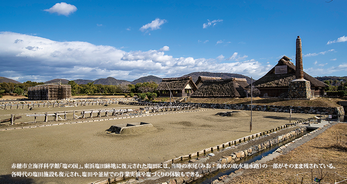 赤穂市立海洋科学館「塩の国」。東浜塩田跡地に復元された塩田には、当時の水尾(みお:海水の取水用水路)の一部がそのまま残されている。各時代の塩田施設も復元され、塩田や釜屋での作業実演や塩づくりの体験もできる。