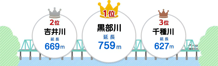 1位：吉井川（延長669メートル）、2位：千種川（延長627メートル）、3位：瀬野川（延長599メートル）