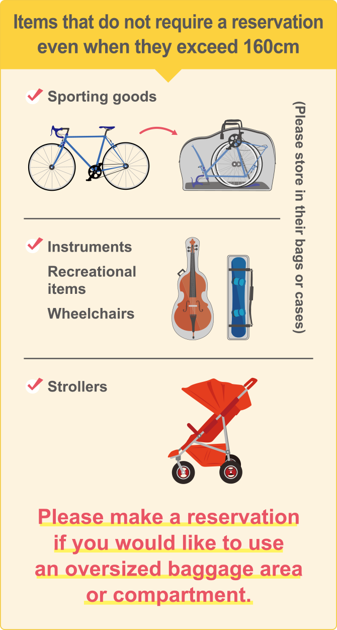 Items that do not require a reservation even when they exceed 160cm