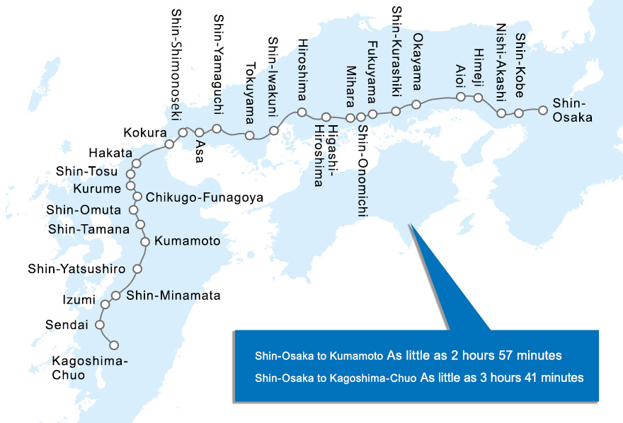 Shin-Osaka to Kumamoto As little as 2 hours 57 minutes
Shin-Osaka to Kagoshima-Chuo As little as 3 hours 41 minutes