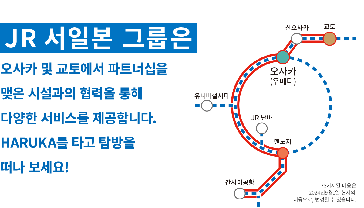 JR 서일본 그룹은 오사카 및 교토에서 파트너십을 맺은 시설과의 협력을 통해 다양한 서비스를 제공합니다. HARUKA를 타고 탐방을 떠나 보세요! ※기재된 내용은 2024년9월1일 현재의 내용으로, 변경될 수 있습니다.