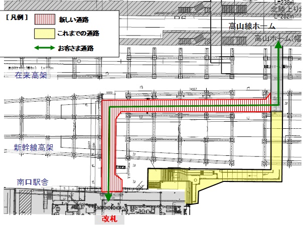 富山駅通路切換後の構内略図